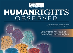[ai] Cover of the Fall/Winter 2023 issue of "Human Rights Observer" featuring colorful silhouettes of diverse individuals against a blue background. The text highlights the 40th anniversary of the organization, with a logo and web address below.